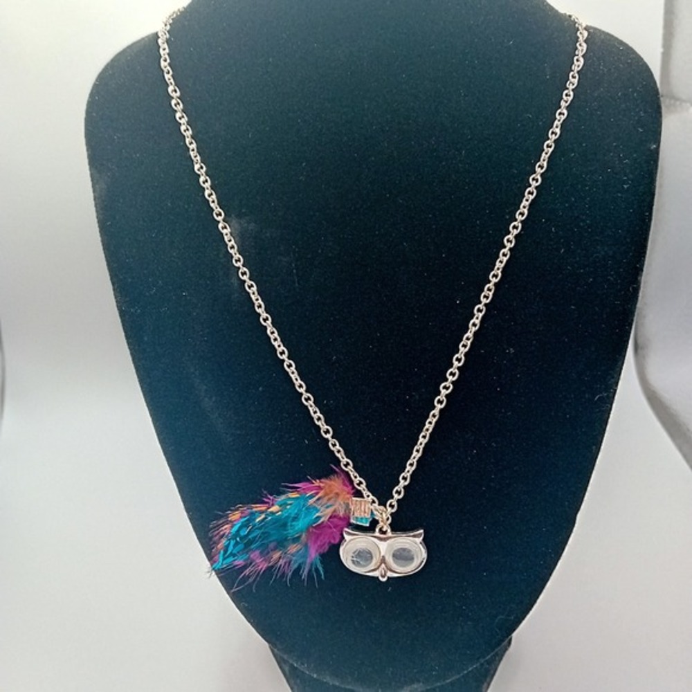 Owl Pendant Necklace Feather Funky Fashion Jewelry SilverTone Teen Kitsch Unique